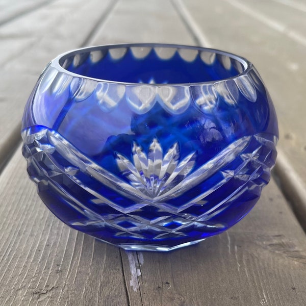 vintage Fifth Avenue Crystal Cobalt Blue Cut to Clear Fan Cut Votive Photophore Bougeoir