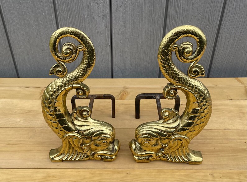 Vintage Mid Century Brass Dolphin Fireplace Andirons With Etsy