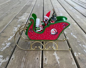 Vintage 1990s Wood and Metal Musical Moving Santa Claus Sleigh Christmas Decoration Plays "What Child is This?" Made in Taiwan