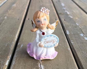 Vintage Bisque Porcelain January Garnet Angel Figurine Made in Japan Retro Birth Month Angel Decor