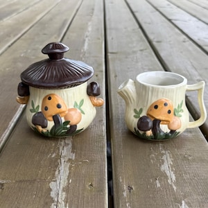 Vintage Hobbyist Hand Painted Ceramic Merry Mushrooms Style Cream and Sugar Set Creamer and Covered Sugar Signed “LB” Retro Kitchen