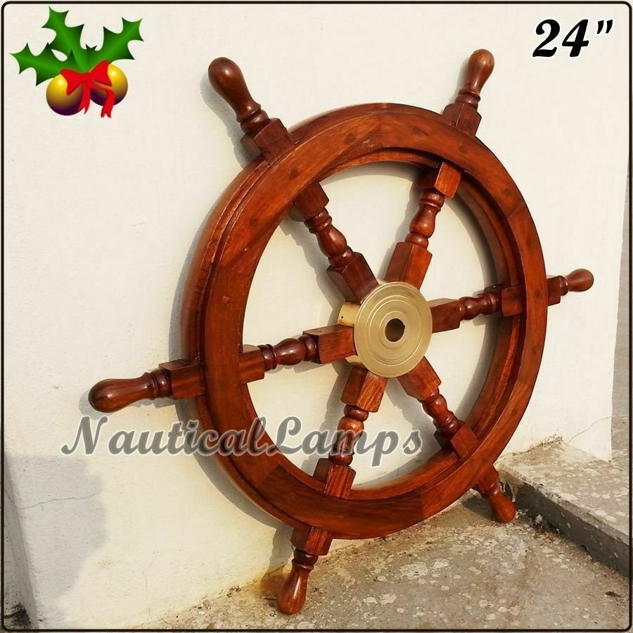 24'' Beautiful Ship's Captain Wood Navy Ship Wheel Helm Marine Pirate Nautical 