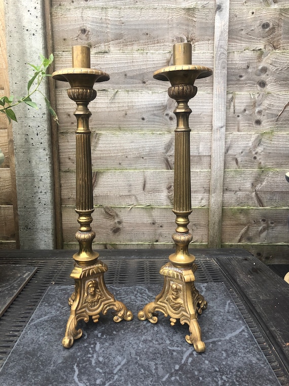 Vintage Brass Church Candlesticks With Religious Faces Etsy UK