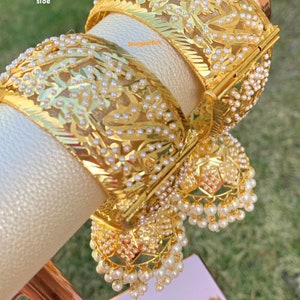 Punjabi traditional Jadau/pearl/multicolor kadas/bracelets jhumka hanging openable/screws bridal/jaggo/sangeet/wedding/reception/party