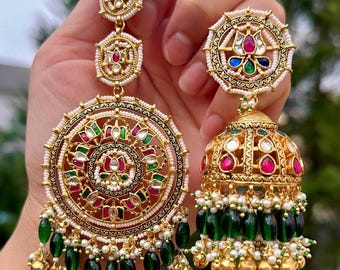 Mother of pearl/MOP/multicolor/lotus pachi kundan tikka jhumki earrings set gold finish/engagement/bride/jaggo Indian Pakistani jewelry
