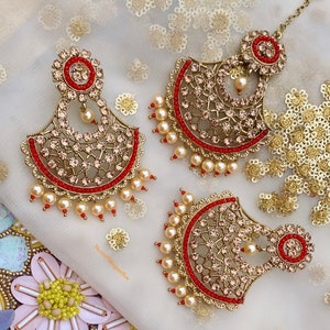 Stunning/colorful earrings/maang tikka/headpiece champagne color stones/moti bridal/jaggo/sangeet/mehndhi/vatna Indian Pakistani fashion