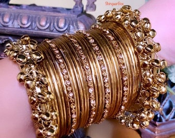 Brazaletes/kada/conjunto de pulseras con acabado de metal dorado/antiguos, cascabeles/lisos/con piedras, Jaggo/mehndhi/sangeet/boda/fiesta, moda india/pakistaní