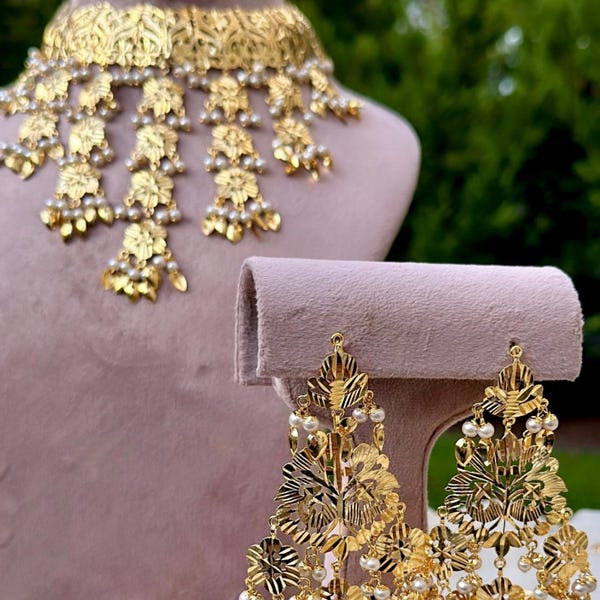 Patra traditionelle Punjabi Pippal Patti Halskette / Ohrringe / Tikka Set / Gold-Finish / Jaggo / Gidha / Braut / Geschenke für ihren indisch-pakistanischen Schmuck