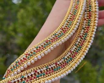 Tobilleras nupciales con acabado dorado, piedras verdes/rojas/transparentes/perlas, estilo jaggo/boda/regalos para ella, joyería de moda del sur de la India y Pakistán.