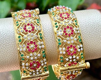 Punjabi tradicional Jadau/perla/kadas multicolor/pulseras abribles/tornillos nupciales/jaggo/sangeet/boda moda india pakistaní joyería