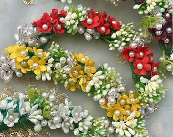 Artificial fabric flowers/moti reusable South Indian hair accessory gajra/flower veni/tiara bridal/wedding/reception/sangeet Indian fashion