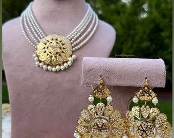 Conjunto tradicional punjabi de mala/colgante/pendientes/tikka de varias capas/acabado dorado/moti/perlas, jaggo/giddha/joyería nupcial india paquistaní