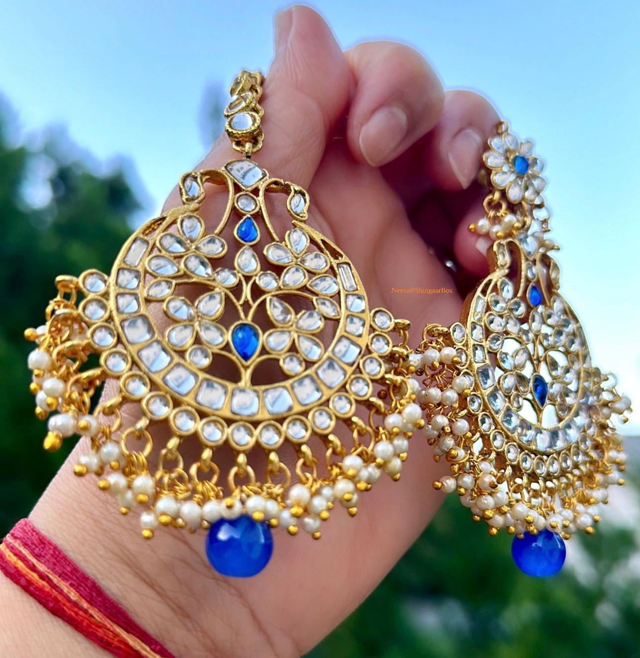 ShingaarBox Elegant Clear Blue stones beads Tikka Earrings Set bridal jaggo gifts for her wedding sangeet Indian Pakistani Bridal Fashion