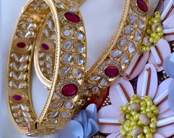 Pulseras/brazaletes con apertura de rosca con piedras de color rosa rubí/AD de Kundan, para novias, compromisos, bodas y recepciones, joyería india pakistaní de moda