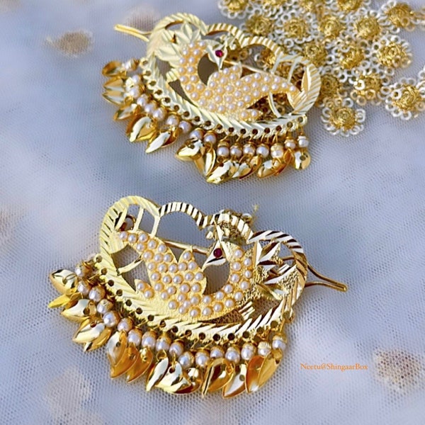 Traditional Punjabi pippal patti/moti morni gold finish hair clips/pins Jaggo/sangeet/vatna wedding/party Indian/Pakistani fashion jewelry