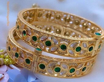 Pulsera/brazalete de diseño con piedras verdes polki kundan y acabado dorado para novias, compromisos, bodas, regalos para ella, joyería india pakistaní