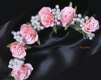 Artificial flowers/moti reusable South Indian hair accessory gajra/flower veni/tiara bridal/wedding/reception/sangeet Indian/Bollywood style