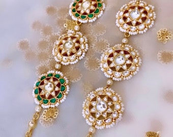 Ahmedabadi designer/statement kundan/moti sheesh phool/matha patti/hair band/maang tikka lotus design clear/green bridal/gifts for her India