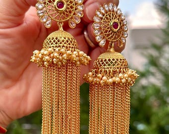 Pendientes colgantes de cadena múltiple Jhumki con motivos/perlas/piedras polki, únicos/elegantes/regalos para ella/boda/novia, joyería india pakistaní de moda