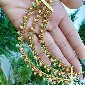 Statement gold finish ear chains/kaan chain/sahare/earrings support chain/maatal/champasaralu/red/green/stones Indian Pakistani jewelry