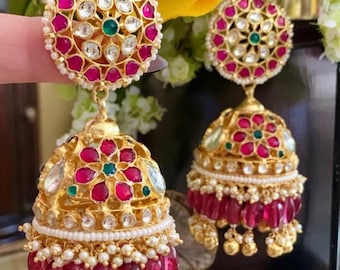Statement Pachi jadau kundan jhumki earrings elegant/jaggo/mehndi/sangeet/wedding/reception Indian Pakistani jewelry fashion