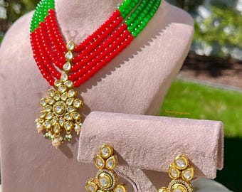 Conjunto de collar y pendientes con colgante Kundan, moti mala, para novias, bodas, festividades y elegantes joyas indias pakistaníes.