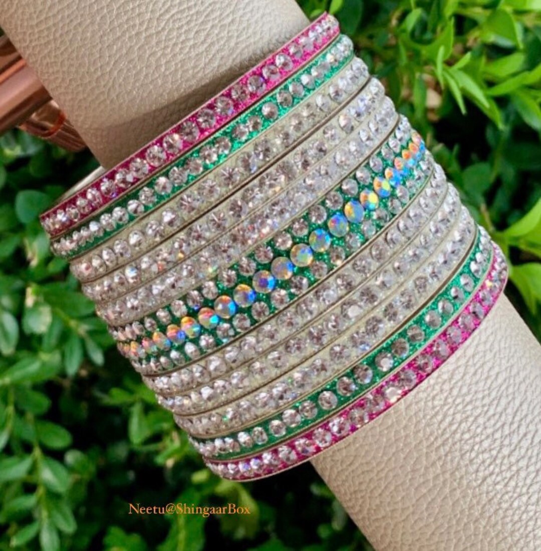 Silver Finish Sparkling Stones Green pink Bangles Set Bridal jaggo