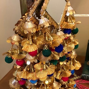 Multi/gold oversized punjabi pom pom/ladoo/mirror/gotta patti parandhi/paranda/braided hair Jaggo/sangeet/mehndhi/dance/wedding/traditional