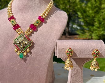 Conjunto de pendientes colgantes Kundan Moti Mala para bodas, novias, ocasiones informales y elegantes, joyería india pakistaní de moda.