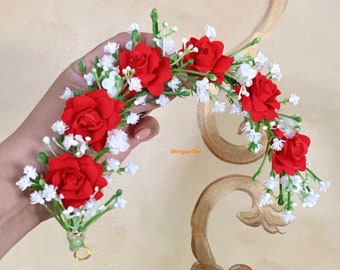 Artificial red/pink roses/baby’s breath reusable South Indian hair accessory gajra/flower veni/tiara bridal/wedding/reception/sangeet