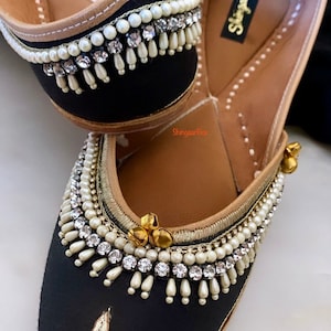 Designer Black moti/pearls/stones/tilla embellished punjabi jutti/shoes/khussa soft padded sole/comfort casual/Jaggo/wedding/party/maiya