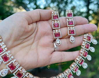 Conjunto de collar con circonita cúbica y diamantes americanos con acabado en oro rosa para quinceañeras, graduación, bodas y regalos para ella, joyería india y pakistaní de moda.