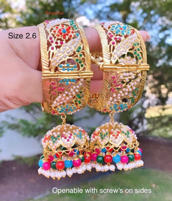 Punjabi Traditional Jadau pearl multicolor Kadas bracelets Jhumka
