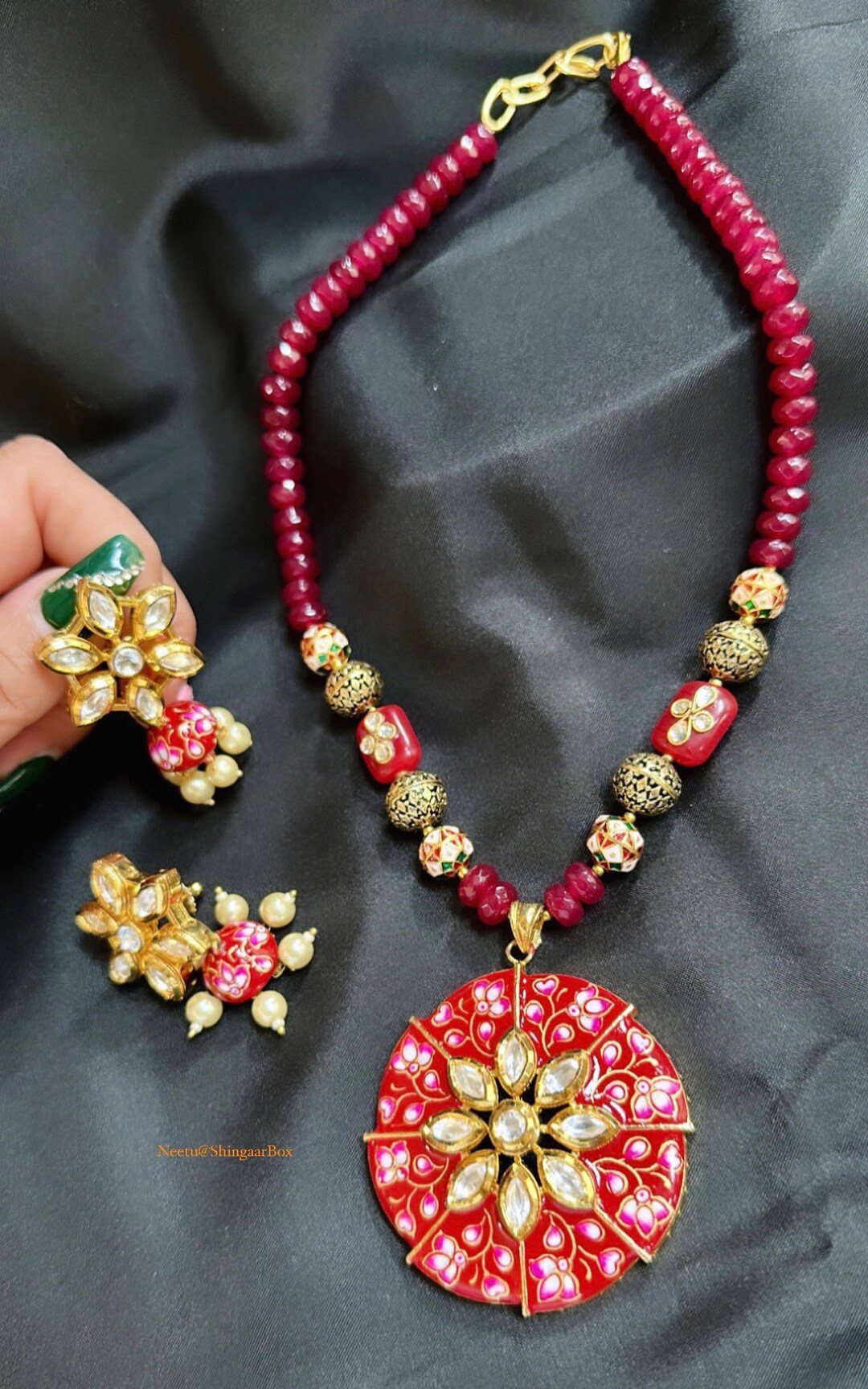 JP511 - Kundan necklace with meenakari stone and pearl work with matching earings Maangtika