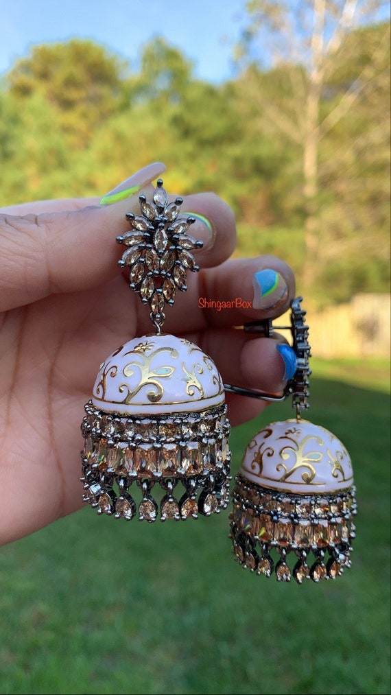 Buy Designer Meenakari Jhumki earrings Black Metal Finish With CZ