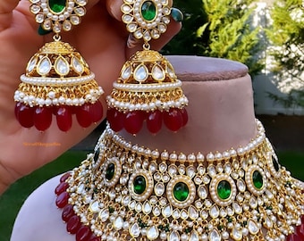 Collar flexible Kundan polki jhumki engastado en granate/verde/cuentas con piedras para novias/jaggo/sangeet/regalos para ella, joyería india pakistaní de moda