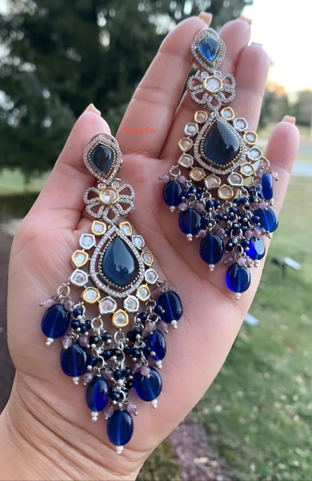 Designer Long light Weight Earrings Blue purple polki Kundan ad Stones Silver gold Finish Bridal wedding cocktail prom reception Party Etsy Israel