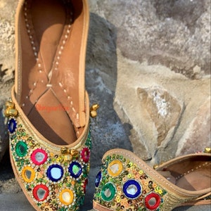 Designer multi color Punjabi jutti/shoes/khussa casual wear/wedding/party with gold sipi/sequins, mirror work and accent with ghungroo/bells