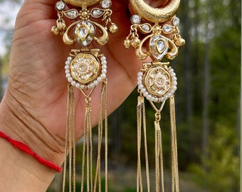 Pendientes largos/colgantes de estilo indio/pakistaní con acabado en oro antiguo oxidado y piedras de melocotón/moti jaggo, ideales para novias o para un look bohemio.