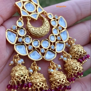 Kundan polki stones statement/designer multi jhumki moti/red maroon beads/pearls earrings Bridal/engagement/wedding/reception Indian jewelry