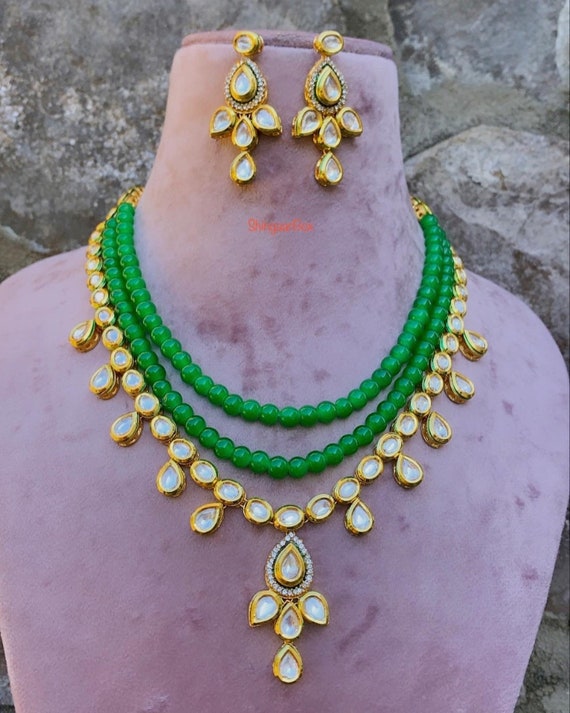 Kundan Red Moti Mala Necklace Set in Multi multiple Strands multi