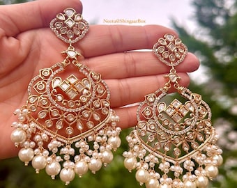 Declaración polki kundan lámpara de araña pendientes ligeros moti/perla nupcial/ocasión especial/regalos para su joyería de moda india paquistaní