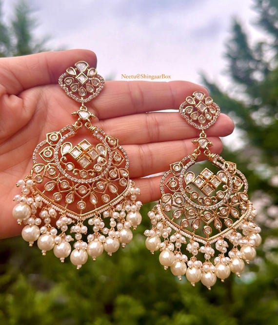 Statement polki kundan chandelier light weight earrings moti/pearl bridal/special occasion/gifts for her Indian Pakistani fashion jewelry
