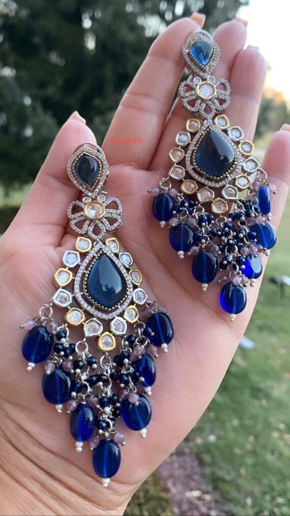 Designer long light weight earrings blue purple polki kundan Ad stones silver gold finish bridal wedding cocktail prom reception party