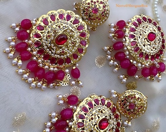 Declaración tikka/pendientes de tocado conjunto de cuentas rosas/verdes/moti nupcial/compromiso/jaggo/sangeet/regalos para sus joyas indias paquistaníes indias