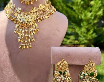 Gargantilla/collar/pendientes tikka con acabado dorado, estilo tradicional punjabi, pippal patti/moti, jaggo/gidha, joyería nupcial india pakistaní.