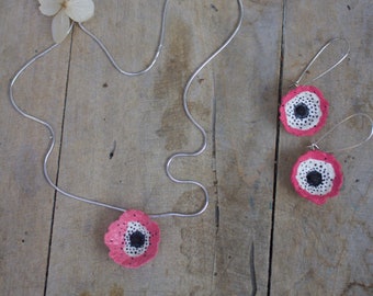 pink flower earrings and necklace