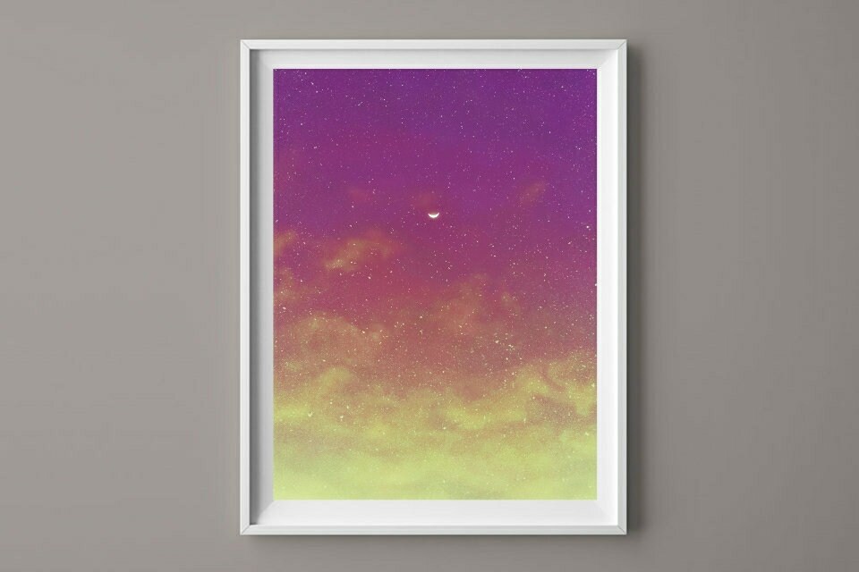 Crescent Moon in the Pink Sky Wall Art Print Bedroom Wall Etsy