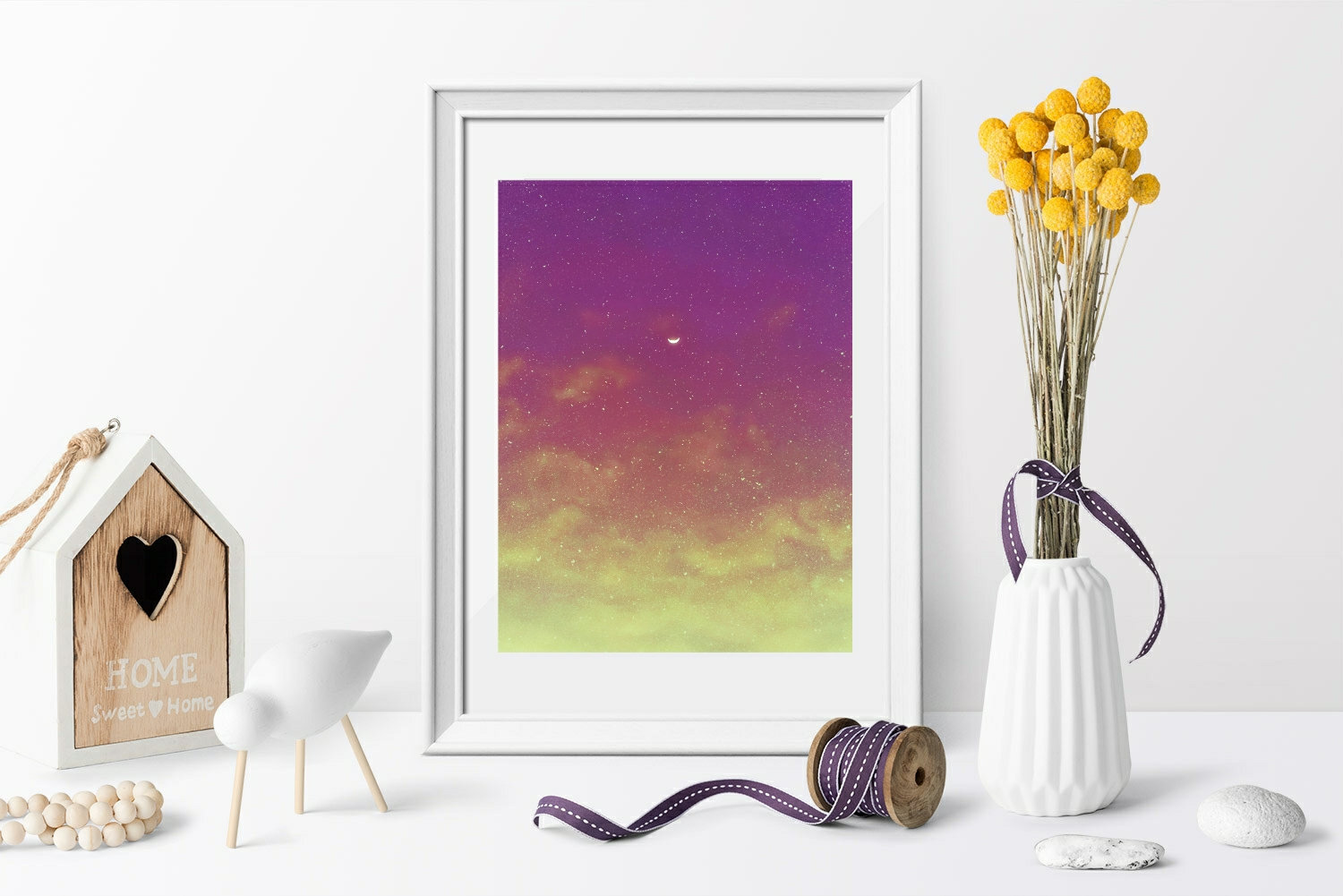 Crescent Moon in the Pink Sky Wall Art Print Bedroom Wall Etsy