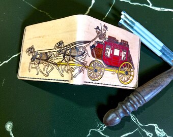 Handmade Leather Bi-Fold Wallet: Stagecoach Skeleton Cowboy Design
